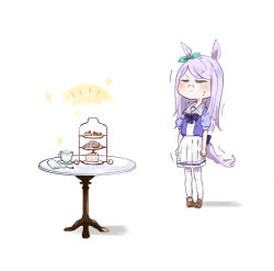 Rule 34 | 1girl, :i, animal ears, bow, brown footwear, cake, cake slice, closed mouth, cup, ear ribbon, food, green ribbon, ha (hura76752775), half-closed eyes, horse ears, horse girl, horse tail, mejiro mcqueen (umamusume), pleated skirt, puffy short sleeves, puffy sleeves, purple bow, purple eyes, purple hair, purple shirt, ribbon, saucer, shirt, shoes, short sleeves, skirt, solo, standing, swept bangs, table, tail, teacup, thighhighs, tiered tray, trembling, umamusume, v-shaped eyebrows, white background, white skirt, white thighhighs