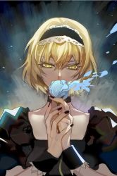 Rule 34 | 1girl, alice margatroid, alternate costume, bad id, bad pixiv id, black background, black choker, black dress, black nails, blonde hair, choker, commentary, covered mouth, dress, eyelashes, flower, flower over mouth, hair between eyes, hairband, holding, holding flower, kaoru (alicemakoto), looking at viewer, nail polish, own hands together, short hair, solo, touhou, upper body, wrist cuffs, yellow eyes