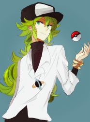 Rule 34 | 1boy, blue background, creatures (company), game freak, green eyes, green hair, hat, jewelry, kite-mitiko, long hair, looking at viewer, male focus, matching hair/eyes, n (pokemon), necklace, nintendo, poke ball, pokemon, simple background, smile, smirk, solo