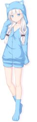 Rule 34 | 1girl, aikotoba -silver snow sister-, animal hood, any (trueblue), blue eyes, blue pajamas, blue shorts, blue socks, breasts, full body, hood, hood up, hoshitsugu shirone, long hair, low twintails, official art, pajamas, shorts, small breasts, smile, socks, solo, tachi-e, transparent background, twintails, white hair