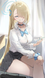 1girl absurdres asuna_(blue_archive) black_choker black_skirt blonde_hair blue_archive blue_bow blue_bowtie blue_eyes blue_halo blue_nails blue_ribbon blue_scrunchie bow bowtie breasts chair choker collarbone commentary curtains grin hair_over_one_eye hair_ribbon halo highres holding holding_phone korean_commentary large_breasts long_bangs long_hair long_sleeves looking_at_viewer phone pleated_skirt ribbon scrunchie shirt sitting skirt smile solo teeth three_twosix very_long_hair white_shirt window wrist_scrunchie