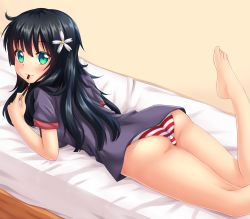 Rule 34 | 1girl, :3, ass, bare legs, barefoot, bed, bed sheet, black hair, blush, closed eyes, eating, flower, food, green eyes, hair flower, hair ornament, highres, holding, holding food, kneepits, legs up, long hair, looking at viewer, looking back, lying, mouth hold, no pants, nottytiffy, on bed, on stomach, panties, pocky, purple shirt, red panties, saten ruiko, shirt, short sleeves, smile, solo, striped clothes, striped panties, t-shirt, the pose, toaru kagaku no railgun, toaru majutsu no index, toes, underwear, very long hair, white panties