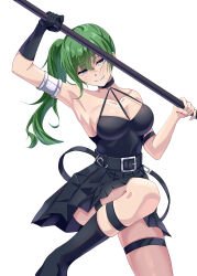 Rule 34 | 1girl, absurdres, arm strap, bare shoulders, belt, black belt, black choker, black dress, black gloves, black skirt, breasts, choker, commentary request, dress, elbow gloves, gloves, green hair, hair between eyes, halterneck, highres, holding, holding polearm, holding weapon, kneehighs, large breasts, long hair, looking to the side, pleated skirt, polearm, purple eyes, side ponytail, simple background, single elbow glove, skirt, sleeveless, sleeveless dress, smile, socks, solo, sousou no frieren, thigh strap, ubel (sousou no frieren), uyufuzi s, weapon, white background