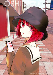 Rule 34 | 1girl, absurdres, arima kana, black headwear, bob cut, brown sweater, dated, highres, holding, holding phone, inverted bob, looking at viewer, oshi no ko, phone, red eyes, red hair, road, sailor collar, solo, street, sweater, twitter username, yurigera 8959