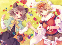 Rule 34 | 2girls, animal ears, animal print, blonde hair, bow, capelet, crystal, dress, flower, food, fruit, gem, grass, grey dress, grey eyes, hair ornament, holding hands, jewelry, long sleeves, lying, mouse (animal), mouse ears, mouse tail, multicolored hair, multiple girls, nazrin, necklace, nut (food), on back, on ground, open mouth, pendant, red eyes, see-through, shawl, shirt, skirt, smile, strawberry, streaked hair, tail, tiger print, tomobe kinuko, toramaru shou, touhou, vest, wide sleeves, yellow eyes