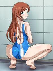 Rule 34 | 10s, 1girl, anime coloring, ass, back, barefoot, brown hair, competition swimsuit, from behind, green eyes, gundam, gundam build fighters, gundam build fighters try, kamiki mirai, long hair, looking back, monteriakitto, one-piece swimsuit, shiny skin, solo, squatting, swimsuit