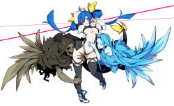 Rule 34 | 1girl, absurdres, ahoge, arms up, asymmetrical wings, bad id, bad pixiv id, bare shoulders, blue hair, bow, breasts, dizzy (guilty gear), guilty gear, guilty gear x, guilty gear xx, hair bow, hand on another&#039;s stomach, highres, kaki gohri, large breasts, long hair, looking at viewer, monster girl, navel, necro (guilty gear), open mouth, red eyes, ribbon, skull, tail, tail ornament, tail ribbon, teeth, thighhighs, twintails, underboob, undine (guilty gear), wings, yellow ribbon