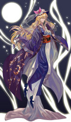Rule 34 | 1girl, absurdres, alternate costume, arm at side, arm up, black footwear, blonde hair, blue background, commentary, crescent print, fan to mouth, floating, folded fan, folding fan, full body, full moon, furisode, hair between eyes, hand fan, hat, hat ribbon, highres, japanese clothes, kimono, light trail, long hair, long sleeves, looking at viewer, moon, obi, pantyhose, reki (user rcrd4534), ribbon, sash, smile, solo, star (symbol), star print, touhou, very long hair, watatsuki no toyohime, white hat, white pantyhose, yellow eyes