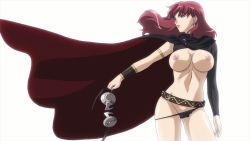 Rule 34 | 1girl, breasts, cape, claudette (queen&#039;s blade), claudette (queen's blade), claudette lord of thundercloud, cleavage, covered erect nipples, helmet, highres, large breasts, legs, midriff, panties, queen&#039;s blade, red hair, screencap, solo, thighs, thong, underwear