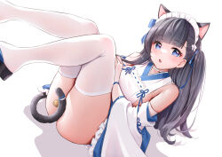 Rule 34 | 1girl, absurdres, animal ears, azur lane, bell, black hair, blue eyes, blush, cat ears, cat girl, classic (zildjian33), detached sleeves, hair ribbon, hatsuharu (azur lane), hatsuharu (hatsuharu&#039;s cat cafe caper) (azur lane), highres, japanese clothes, jingle bell, knees together feet apart, long hair, looking at viewer, lying, maid, nontraditional miko, official alternate costume, open mouth, platform footwear, ribbon, sandals, shelf, tail, tail bell, tail censor, tail ornament, two side up, wa maid, white background, white sleeves, zouri