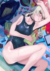 Rule 34 | 1girl, absurdres, ahoge, artoria pendragon (fate), beach, black one-piece swimsuit, braid, braided bun, competition swimsuit, crown braid, fate/grand order, fate (series), glasses, hair bun, highres, huge filesize, long hair, looking at viewer, mysterious heroine x alter (fate), one-piece swimsuit, platinum blonde hair, single hair bun, solo, suppa (hagakuresuppa), swimsuit, wet, yellow eyes