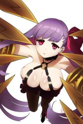 Rule 34 | 10s, 1girl, bad id, bad pixiv id, bare shoulders, breasts, brown legwear, claws, cleavage, fate/extra, fate/extra ccc, fate (series), gauntlets, highres, large breasts, long hair, looking at viewer, passionlip (fate), purple eyes, purple hair, shimomoto, simple background, sleeveless, solo, white background