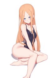 Rule 34 | 1girl, :o, abigail williams (fate), bare legs, barefoot, black one-piece swimsuit, blonde hair, blush, breasts, collarbone, fate/grand order, fate (series), forehead, highres, jilu, looking at viewer, one-piece swimsuit, simple background, sitting, small breasts, solo, swimsuit, thighs, toes, white background