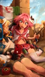 Rule 34 | 2boys, aircraft, airplane, androgyne symbol, assault rifle, astolfo (fate), astolfo (sailor paladin) (fate), astolfo monster cosplay (meme), bike shorts, bird, black bow, black footwear, black gloves, black shorts, black skirt, blonde hair, blue headwear, blush, bow, braid, bridget (guilty gear), brown shirt, cellphone, chicken, cityscape, collarbone, commentary, crop top, crossdressing, day, double horizontal stripe, english commentary, fang, fate/apocrypha, fate (series), feet out of frame, fighter jet, fingerless gloves, flipped hair, foot out of frame, gloves, guilty gear, guilty gear strive, gun, hair bow, hair intakes, hair ornament, hand up, highres, iphone, iran, iranian flag, jet, khyle., long hair, long sleeves, looking at another, male focus, meme, military, military vehicle, miniskirt, monster energy, multicolored clothes, multicolored hair, multicolored headwear, multiple boys, navel, neckerchief, on floor, open mouth, outdoors, patreon username, phone, pink hair, pleated skirt, profile, puffy long sleeves, puffy sleeves, red eyes, red neckerchief, red sailor collar, red skirt, rifle, rooster, sailor collar, sailor shirt, shirt, short sleeves, shorts, single braid, sitting, skin fang, skindentation, skirt, smartphone, streaked hair, studded gloves, thighhighs, trait connection, trap, v-shaped eyebrows, war, watermark, weapon, web address, white hair, white headwear, white shirt, white thighhighs, yo-yo, yokozuwari