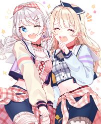 Rule 34 | 2girls, ;d, ^ ^, alternate hairstyle, artist name, bang dream!, belt, black choker, blonde hair, blue eyes, center frills, choker, clenched hand, closed eyes, clothes around waist, earrings, flower, frills, hair ornament, hair ribbon, hair scrunchie, hairpin, heart, heart earrings, highres, jewelry, long hair, long sleeves, midriff, multiple girls, navel, notice lines, one eye closed, open mouth, patzzi, pink scrunchie, pink shirt, plaid, plaid shirt, polka dot, polka dot scrunchie, red choker, ribbon, rose, sailor collar, scrunchie, shirasagi chisato, shirt, shirt around waist, short shorts, shorts, smile, sparkle, star (symbol), thigh strap, twintails, wakamiya eve, white hair, x hair ornament, yellow flower, yellow rose