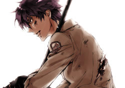 Rule 34 | 10s, 1boy, angel beats!, backlighting, bad id, bad pixiv id, blood, emblem, from side, h sueun, injury, long sleeves, male focus, noda (angel beats!), profile, purple hair, short hair, simple background, solo, upper body, white background