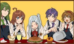 Rule 34 | 2boys, 3girls, ahoge, alcohol, angela (project moon), apron, black apron, blue eyes, brown eyes, brown hair, burger, champagne, champagne flute, closed mouth, cup, cupcake, drinking glass, food, green hair, hairband, highres, hod (project moon), holding, holding tray, lobotomy corporation, lobotomy corporation logo, long hair, malkuth (project moon), mu46016419, multiple boys, multiple girls, necktie, netzach (project moon), one side up, project moon, purple hair, purple necktie, red hairband, red necktie, short hair, smile, tray, very long hair, yellow background, yellow eyes, yesod (project moon)