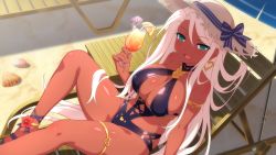 Rule 34 | 1girl, :d, anklet, armlet, beach, black one-piece swimsuit, breasts, cleavage, dark-skinned female, dark skin, earrings, from above, game cg, glint, green eyes, hat, heart, heart earrings, highres, jewelry, large breasts, lips, long hair, looking at viewer, marina (sakura succubus), navel, non-web source, one-piece swimsuit, open mouth, sakura succubus, sandals, shiny skin, sidelocks, sitting, skindentation, smile, solo, straw hat, sun hat, swimsuit, thighlet, very long hair, wanaca, white hair