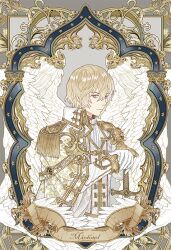 Rule 34 | 1boy, angel, angel wings, armor, ascot, blonde hair, blue eyes, cape, character name, closed mouth, collared jacket, cross, epaulettes, expressionless, gloves, gold trim, greek cross, grey background, hair between eyes, hands on hilt, jacket, long sleeves, looking at viewer, male focus, michael (angel), multiple wings, original, pauldrons, picture frame, short hair, shoulder armor, single pauldron, slothm22, solo, sword, upper body, weapon, white ascot, white cape, white gloves, white jacket, white wings, wings