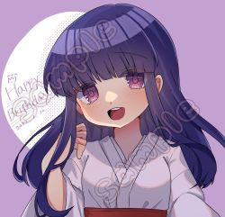 Rule 34 | 1girl, blunt bangs, commission, english text, happy birthday, highres, japanese clothes, long hair, open mouth, original, purple background, purple eyes, sample watermark, tagme, watermark, yuei (n t0s)