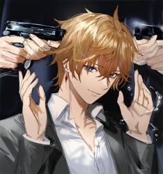 Rule 34 | 3boys, ahoge, alternate costume, arms up, black background, blue eyes, brown hair, buttons, closed mouth, collared jacket, collared shirt, crystal, crystal earrings, earrings, eyes visible through hair, fingernails, formal, fractalmagnolia, genshin impact, gun, hair between eyes, hands up, holding, holding gun, holding weapon, jacket, jewelry, light brown hair, long sleeves, looking at viewer, male focus, multiple boys, open clothes, open jacket, shirt, short hair, simple background, single earring, smile, solo focus, suit, tartaglia (genshin impact), upper body, weapon, white shirt