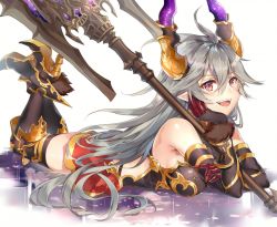 Rule 34 | 1girl, :d, armored boots, axe, bare shoulders, black gloves, black thighhighs, blush, boots, breasts, curled horns, draph, elbow gloves, fur-trimmed gloves, fur trim, gloves, granblue fantasy, grey hair, hair between eyes, horns, large breasts, large weapon, long hair, looking at viewer, lying, on stomach, open mouth, over shoulder, pointy ears, red eyes, red skirt, skirt, smile, solo, soraneko hino, teeth, thighhighs, threo (granblue fantasy), weapon, weapon over shoulder