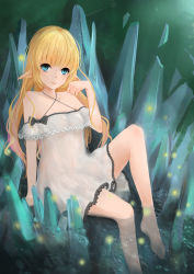 Rule 34 | 1girl, blonde hair, blue eyes, breasts, collarbone, dre, dress, highres, long hair, looking at viewer, original, pointy ears, sitting, small breasts, smile, solo, white dress