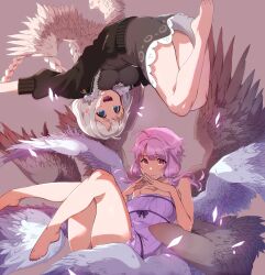 Rule 34 | 2girls, :d, ahoge, angel wings, armpit crease, ass, bare legs, black bow, black jacket, blue eyes, bow, breasts, brown background, closed mouth, commentary request, dress, eyelashes, feathered wings, feet, floating, grey dress, grey hair, highres, jacket, kizuna akari, leaning back, legs, long hair, looking at viewer, lying, medium breasts, medium hair, multiple girls, multiple wings, nail polish, on back, open mouth, purple eyes, purple hair, purple nails, shiny skin, short dress, smile, steepled fingers, strapless, strapless dress, thighs, toenail polish, toenails, toes, tongue, toriniku29, twintails, vocaloid, voiceroid, wings, yuzuki yukari