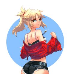 Rule 34 | 1girl, absurdres, ass, blonde hair, breasts, cropped jacket, ctx9, denim, denim shorts, fate/grand order, fate (series), green eyes, hair ornament, hair scrunchie, half up braid, highres, jacket, jewelry, long hair, long sleeves, looking at viewer, looking back, micro shorts, mordred (fate), mordred (fate/apocrypha), mordred (memories at trifas) (fate), necklace, open clothes, open jacket, parted bangs, ponytail, red jacket, red scrunchie, scrunchie, shorts, small breasts, solo