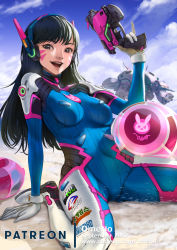 Rule 34 | 1girl, animal print, bodysuit, breasts, cloud, commentary, d.va (overwatch), english commentary, facepaint, facial mark, gloves, gun, headphones, holding, long hair, looking at viewer, omeno (digitalome), open mouth, overwatch, overwatch 1, pilot suit, rabbit print, robot, skin tight, smile, weapon, whisker markings, white gloves