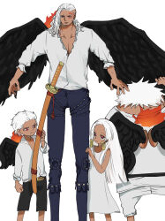 Rule 34 | 1girl, 3boys, age difference, angel wings, belt, black wings, blue pants, child, dark-skinned female, dark-skinned male, dark skin, dougi, dress, earrings, expressionless, facing viewer, feet out of frame, fire, frills, from behind, frown, highres, jewelry, karate gi, king (one piece), legs apart, long hair, looking at another, multiple boys, one piece, pants, s-hawk, s-shark, s-snake, sagara 1983b (user 57726060), sanpaku, seraphim (one piece), shirt, short hair, shorts, simple background, sleeveless, sleeveless dress, snake earrings, standing, tareme, very short hair, white background, white hair, white shirt, wings