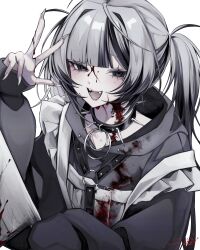 Rule 34 | 1girl, 402 (o0 xxx), :d, absurdres, apron, arm up, black collar, black eyes, blood, blood on clothes, blood on face, blunt bangs, blush, collar, fangs, fingernails, grey hair, highres, holding, holding knife, holding weapon, hood, hoodie, knife, long eyelashes, long fingernails, long hair, long sleeves, mole, mole under eye, multicolored hair, open mouth, original, sharp fingernails, sidelocks, simple background, sleeves past wrists, smile, solo, spiked collar, spikes, strap slip, streaked hair, twintails, upper body, victory, weapon, white apron, white background, white nails