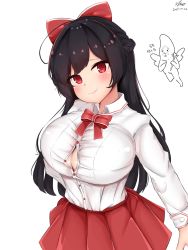 Rule 34 | 1girl, absurdres, ahoge, bad id, bad pixiv id, black hair, blouse, blush, braid, breasts, bursting breasts, cleavage, closed mouth, collared shirt, dated, french braid, head tilt, highres, kirim, kirim (kihun4070), large breasts, long hair, looking at viewer, miniskirt, popped button, red eyes, ribbon, shirt, skirt, smile, smug, solo, very long hair, white shirt