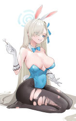 Rule 34 | 1girl, absurdres, animal ears, areola slip, asuna (blue archive), asuna (bunny) (blue archive), bare shoulders, black pantyhose, blonde hair, blue archive, blue eyes, bow, bowtie, breasts, cleavage, covered erect nipples, detached collar, full body, gloves, grin, hair over one eye, halo, highres, large breasts, leotard, long hair, looking at viewer, mimikaki, mole, mole on breast, pantyhose, playboy bunny, rabbit ears, rabbit tail, seiza, sitting, smile, solo, tail, torn clothes, torn pantyhose, very long hair, white gloves, zhudouzi