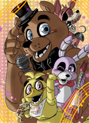 Rule 34 | 1girl, 3boys, animal ears, bib, blue eyes, bonnie (fnaf), bow, bowtie, chica, electric guitar, eyepatch, five nights at freddy&#039;s, five nights at freddy&#039;s 1, food, foxy (fnaf), freddy fazbear, grey eyes, guitar, hat, hook hand, instrument, joints, looking at viewer, mechanical, microphone, mini hat, mini top hat, multiple boys, musical note, one eye closed, open mouth, pizza, pizza slice, purple eyes, rabbit ears, red eyes, robot, robot joints, smile, star (symbol), top hat, yellow background