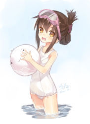 Rule 34 | 1girl, artist name, ball, beachball, blue background, brown eyes, brown hair, capriccio, commentary request, diving mask, diving mask on head, flat chest, folded ponytail, goggles, goggles on head, gradient background, hair between eyes, inazuma (kancolle), kantai collection, long hair, looking at viewer, name tag, ocean, old school swimsuit, one-piece swimsuit, open mouth, school swimsuit, signature, solo, standing, swimsuit, water, wet, white one-piece swimsuit, white school swimsuit