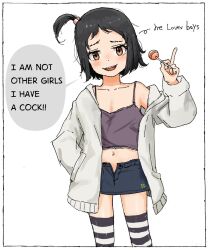 Rule 34 | 1boy, 4chan, aiu404l, bare shoulders, black hair, black thighhighs, border, brown camisole, brown eyes, camisole, candy, cardigan, collarbone, commentary, cowboy shot, denim, denim skirt, english commentary, english text, food, hair bobbles, hair ornament, hand in pocket, highres, holding, holding candy, holding food, holding lollipop, lollipop, looking at viewer, male focus, middle finger, midriff, miniskirt, navel, off shoulder, one side up, open cardigan, open clothes, open fly, open mouth, original, short hair, simple background, skirt, smile, smirk, solo, speech bubble, standing, striped clothes, striped thighhighs, sweater, thighhighs, trap, two-tone legwear, unkempt, white background, white border, white sweater, white thighhighs, zettai ryouiki