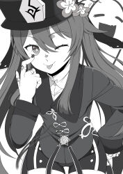 Rule 34 | 1girl, ;p, absurdres, akanbe, boo tao (genshin impact), coat, cowboy shot, eyelid pull, flower, genshin impact, greyscale, hair between eyes, hand on own hip, hat, hat flower, highres, hu tao (genshin impact), jewelry, kata (artist), korean commentary, long hair, long sleeves, looking at viewer, monochrome, multiple rings, one eye closed, ring, shorts, sketch, smile, solo, tongue, tongue out, twintails