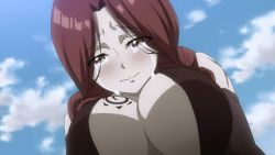Rule 34 | 1girl, blush, breasts, chest tattoo, cleavage, crying, eyes visible through hair, fairy tail, female focus, flare corona, highres, large breasts, long hair, looking down, red eyes, red hair, scar, screencap, solo, tattoo, tears