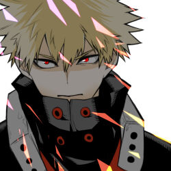 1boy bakugou_katsuki blonde_hair boku_no_hero_academia closed_mouth commentary_request hair_between_eyes highres looking_to_the_side male_focus pomegranate666 popped_collar red_eyes short_hair sideways_glance simple_background solo spiked_hair superhero_costume upper_body white_background