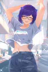 Rule 34 | 1girl, a-chan (hololive), absurdres, arms up, closed eyes, cohi27151463, commentary request, cowboy shot, energy drink, glasses, happy, highres, hololive, midriff, navel, open fly, open mouth, purple hair, shirt, short hair, smile, solo, sparkle, t-shirt, virtual youtuber