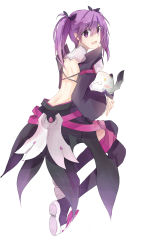 Rule 34 | 1girl, :3, aisha landar, angkor (elsword), artist request, boots, cat, creature, detached sleeves, elsword, from behind, full body, hair ribbon, highres, holding, looking at viewer, looking back, midriff, open mouth, purple eyes, purple hair, ribbon, simple background, solo, teeth, twintails, void princess (elsword), white background