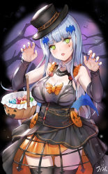 Rule 34 | 1girl, bat hair ornament, bat wings, black hat, black thighhighs, blue hair, blue wings, blunt bangs, blush, breasts, candy, claw pose, commentary request, corset, cowboy shot, detached sleeves, dress, facial mark, food, girls&#039; frontline, green eyes, hair ornament, halloween, halloween bucket, halloween costume, hands up, hat, head tilt, himonoata, hk416 (girls&#039; frontline), long hair, looking at viewer, nail polish, orange skirt, purple nails, skirt, solo, thighhighs, very long hair, wings