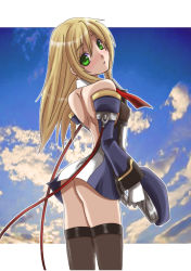Rule 34 | 1girl, arc system works, ass, back, beret, black thighhighs, blazblue, blonde hair, gloves, green eyes, hat, highres, long hair, looking back, no panties, noel vermillion, shou (trickster1999), solo, thighhighs, white gloves