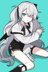 Rule 34 | 1girl, 25-ji miku, bat wings, black bow, black bowtie, black shorts, black socks, blue eyes, bow, bowtie, center frills, commentary, detached wings, frills, grey hair, hair bow, hatsune miku, heterochromia, highres, long hair, long sleeves, pink eyes, project sekai, shirt, shorts, simple background, sitting, socks, solo, suspender shorts, suspenders, suspenders slip, thigh strap, twintails, very long hair, vocaloid, waka (wk4444), wariza, white background, white shirt, wings