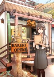 Rule 34 | 1girl, alternate costume, alternate hairstyle, architecture, bag, bakery, bamboo, bell, building, cable, calendar (object), coat, crop top, drawing (object), east asian architecture, fence, grey hair, grey skirt, hair between eyes, hair ornament, hair over shoulder, hairband, hairclip, haruna (kancolle), hill, hitakikan, holding, holding bag, kantai collection, lamp, light blush, long hair, looking at viewer, official alternate costume, open sign, pantyhose, paper bag, picture frame, shop, skirt, smile, solo, stairs, tree, tree stump, white coat, window, wooden fence, wooden floor, yellow eyes