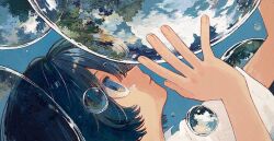 Rule 34 | 1girl, arms up, black hair, blue background, blue eyes, bubble, closed mouth, cloud, commentary, fingernails, from side, highres, ka (marukogedago), original, plant, portrait, profile, shirt, short hair, short sleeves, solo, surreal, white shirt