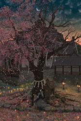 Rule 34 | 1girl, absurdres, architecture, black footwear, black hair, blue hat, bridge, castle, cherry blossoms, cloud, commentary request, crescent moon, east asian architecture, falling petals, fasnakegod, fireflies, full body, geta, grey kimono, hair between eyes, hand up, hat, highres, iizunamaru megumu, japanese clothes, kimono, lantern, long hair, long sleeves, looking up, moon, outdoors, paper lantern, petals, pom pom (clothes), red eyes, rock, rope, sandals, scenery, shide, shimenawa, shrine, sky, solo, standing, star (sky), starry sky, stone wall, sunset, tengu-geta, tokin hat, touhou, tree, wall