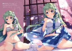 Rule 34 | 1girl, absurdres, blue eyes, blush, bow, bow bra, bow panties, bra, branch, breasts, cherry blossoms, cleavage, collarbone, detached sleeves, frog hair ornament, green eyes, hair ornament, hair tubes, hand on own chest, highres, kochiya sanae, long hair, looking at viewer, medium breasts, miyase mahiro, multiple views, navel, open mouth, panties, parted lips, petals, sitting, skirt, skirt hold, sleeveless, snake, socks, stomach, touhou, tree, underwear, wariza, wide sleeves