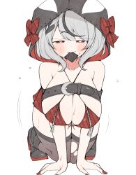 Rule 34 | 1girl, all fours, belt, black thighhighs, bra, condom, condom in mouth, grey hair, heart, heart-shaped pupils, highres, hololive, hood, kuma no bansoukou, mouth hold, red bra, red eyes, sakamata chloe, sweat, symbol-shaped pupils, thighhighs, torn clothes, torn thighhighs, underwear, virtual youtuber